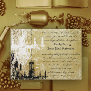 Gold Damask Vintage Chandelier Wedding Invitation Einladung