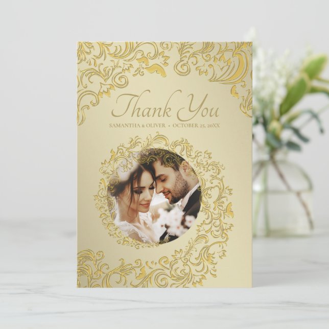 Gold Damask Wedding Vielen Dank Foto Card Dankeskarte (Stehend Vorderseite)