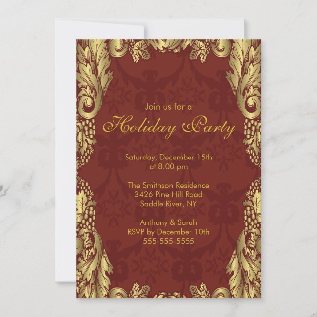 Gold Damask Weihnachtsfeiertag Einladung (Vorderseite)