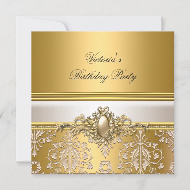 Gold Damask White Cream Birthday Party Pearl Einladung (Vorderseite)