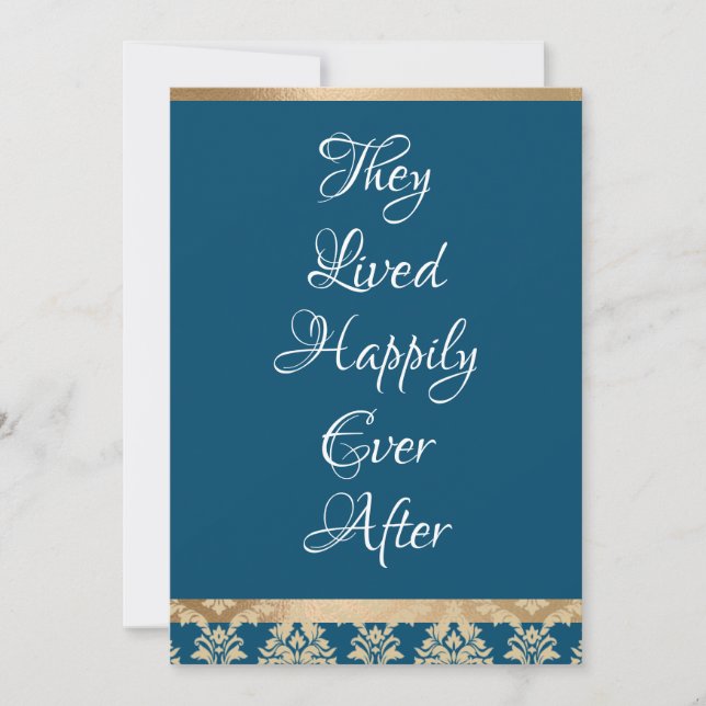 Gold Damask White Script Blue Happiy Ever Wedding Dankeskarte (Vorderseite)