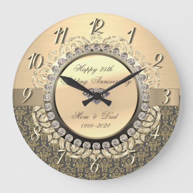 Gold Damask Wirbel 25. Hochzeitstag Große Wanduhr (Vorderseite)