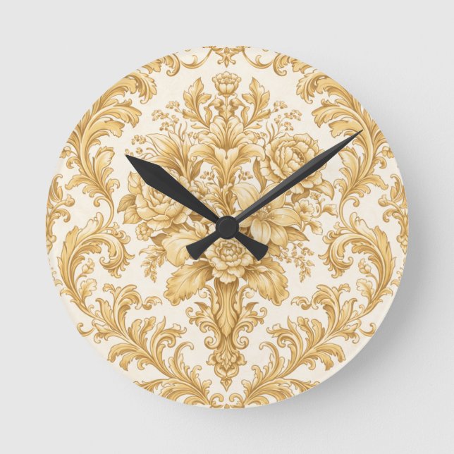 Gold-Damasken-Blumenmuster Runde Wanduhr (Vorderseite)