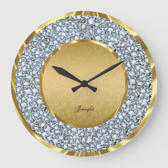 Gold Damaskus & Sparkling Diamonds Glitzer Monogra Große Wanduhr (Vorderseite)