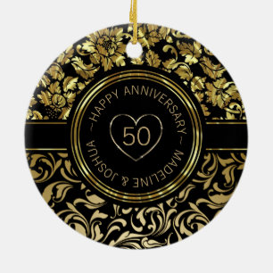 Gold Damaskus und Gold - Schwarze Herzen Keramik Ornament