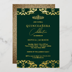 Gold Damast Smaragd Quinceanera 15. Geburtstag  Folieneinladung