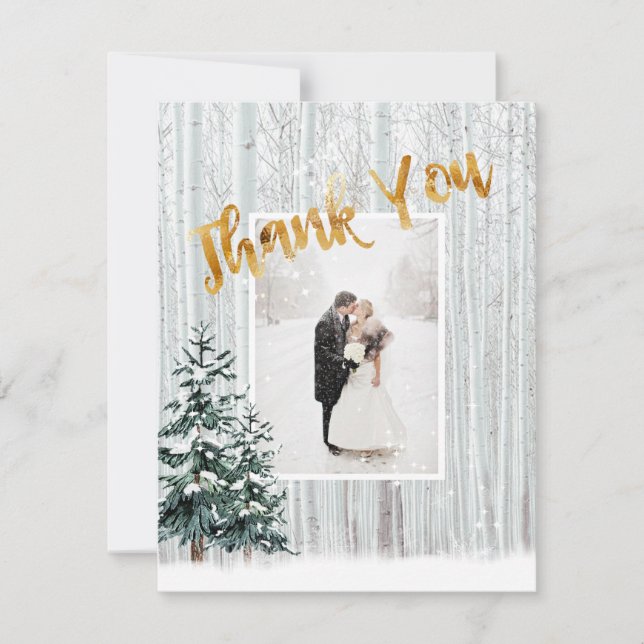 Gold Danke, Winter Wedding Snow Pine Trees Einladung (Vorderseite)
