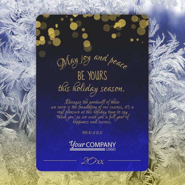 Gold, Dark Blue Company - Urlaubskarte Einladung (Royal Blue, Dark Blue, Gold Shimmers Lights Company Holiday Christmas Cards with Business Logo)