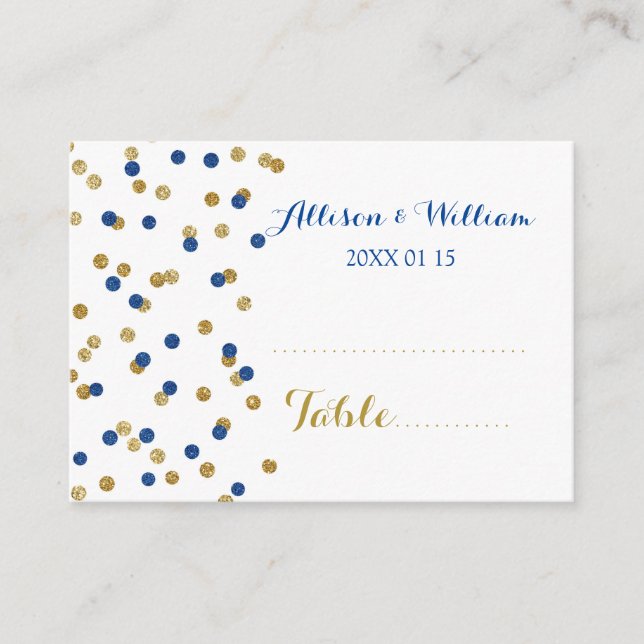 Gold Dark Blue Confetti Tischplatzierungskarten Platzkarte (Vorderseite)