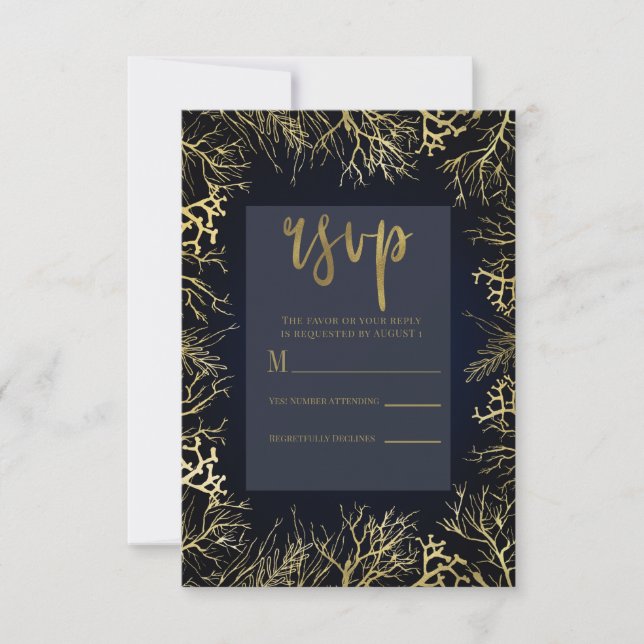 Gold & Dark Navy Blue Elegant Coral Wedding RSVP (Vorderseite)