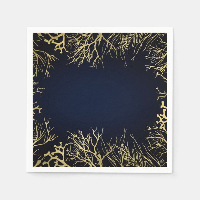 Gold & Dark Navy Blue Elegant Korallenhochzeit Serviette (Vorderseite)