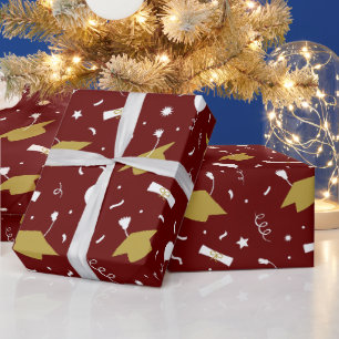 Gold Dark Red Graduation Cap Toss Wrapping Paper Geschenkpapier