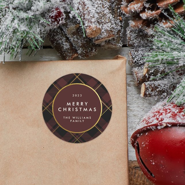 Gold & Dark Red Tartan Kariert Frohe Weihnachten Runder Aufkleber (Von Creator hochgeladen)