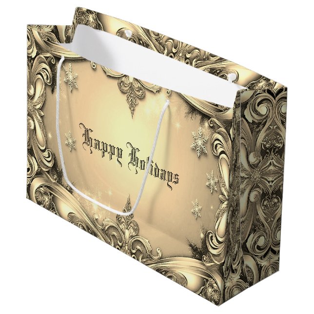 Gold Decorative Holiday Geschenktasche Große Geschenktüte (Vorderseite Schrägansicht)