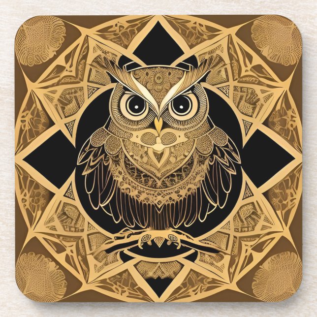 Gold Decorative Owl Mandala Design Getränkeuntersetzer (Vorderseite)