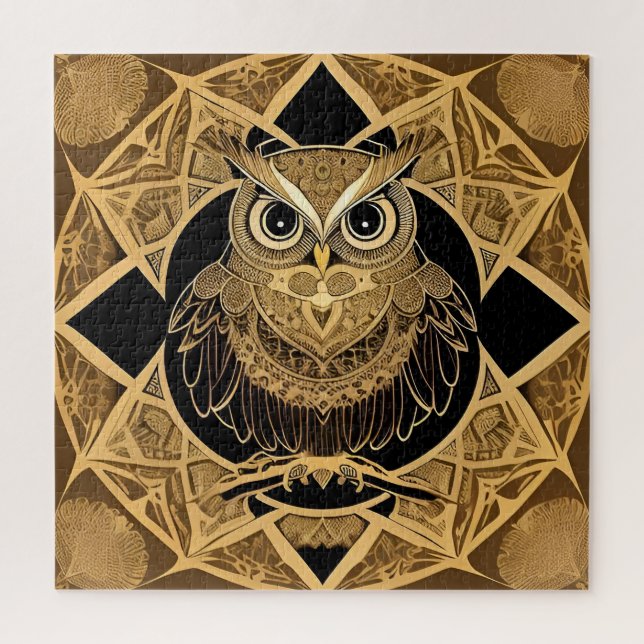 Gold Decorative Owl Mandala Design Puzzle (Vertikal)