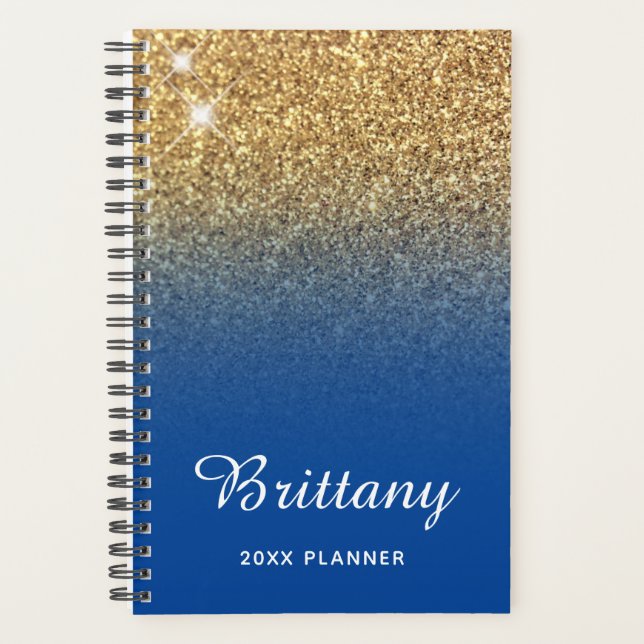 Gold Deep Blue Glitzer Ombre Personalisiert Planer (Vorderseite)