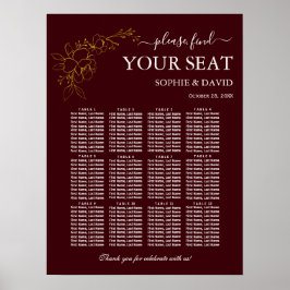 Gold Deep Burgundy 12 Table Seating Chart Wedding Poster