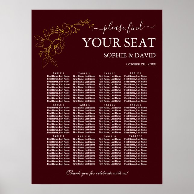 Gold Deep Burgundy 12 Table Seating Chart Wedding Poster (Vorne)