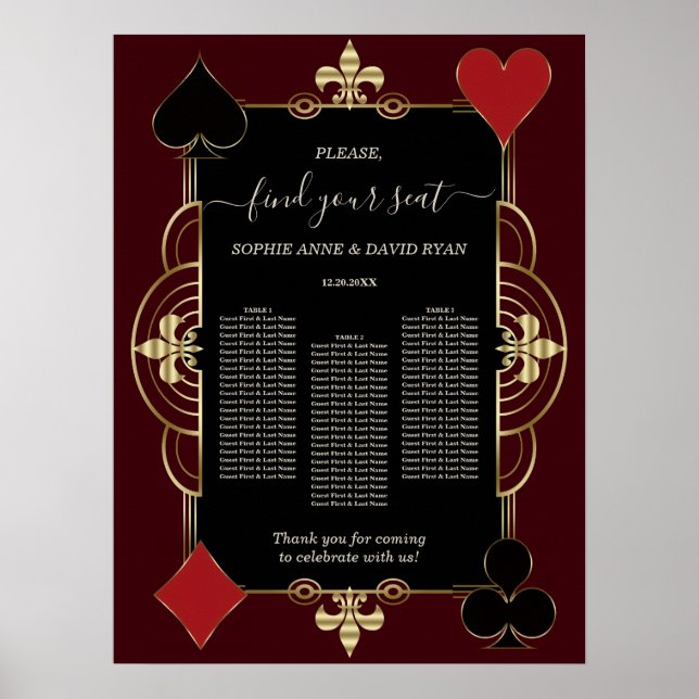 Gold Deep Burgundy Casino Hochzeit Sitzplan  Poster (Vorne)