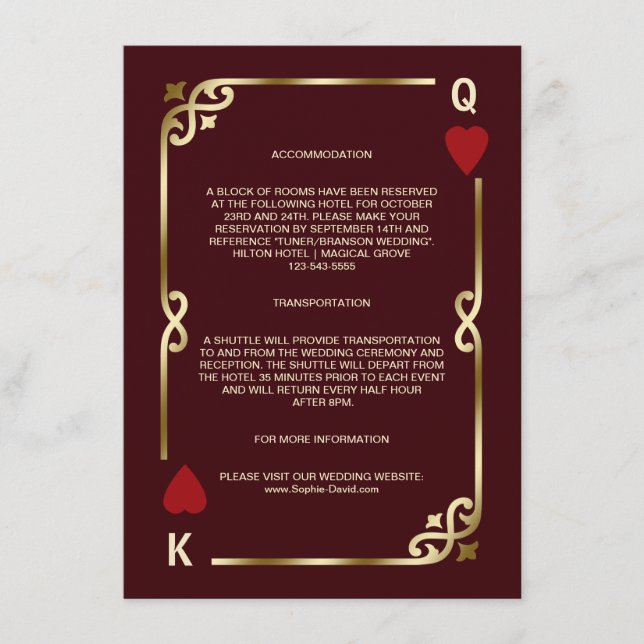 Gold Deep Burgundy Casino Vegas Wedding Details Begleitkarte (Vorderseite)