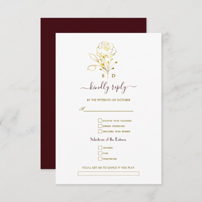 Gold Deep Burgundy Simple Song Request Wedding  RSVP Karte (Vorne/Hinten)