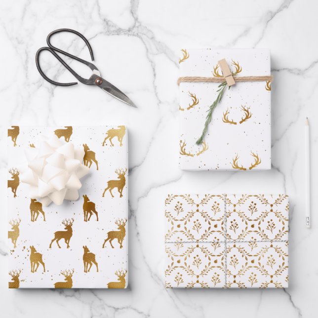 Gold Deer Antler Urlaub Geschenkpapier Set (Vorderseite)