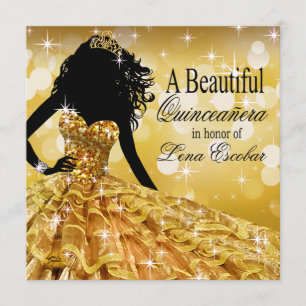 Gold des Quinceanera Glitzer-Ballkleides Einladung