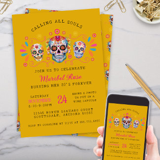 Gold Dia de los Muertos Skull Birthday Party Einladung