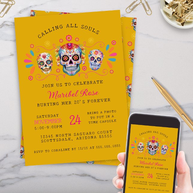 Gold Dia de los Muertos Skull Birthday Party Einladung (gold dia de los muertos day of the dead party invitations with personalized text for any occasion)