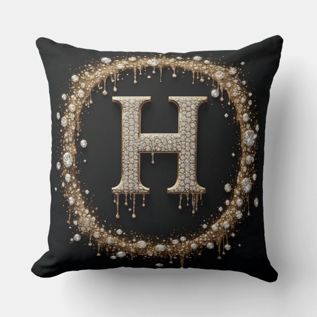 Gold Diamant H Buchstabe Monogramm Kissen (Vorderseite)