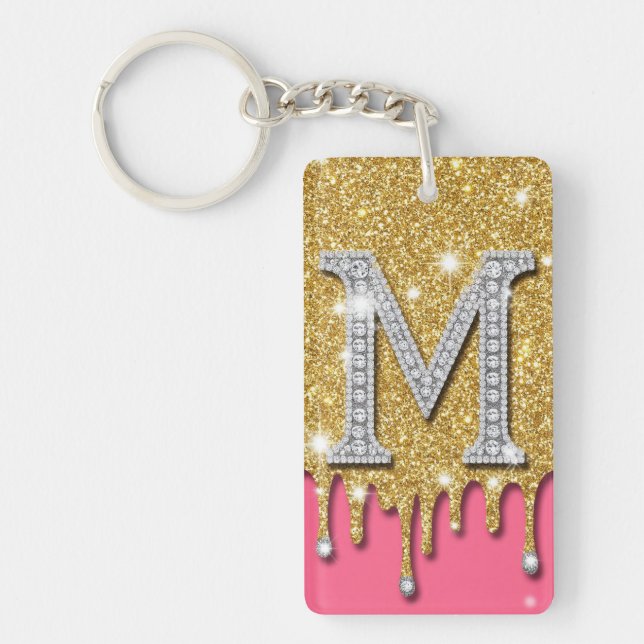 Gold-Diamant-Initiale M Rosa Hintergrund Geschenki Schlüsselanhänger (Vorderseite)