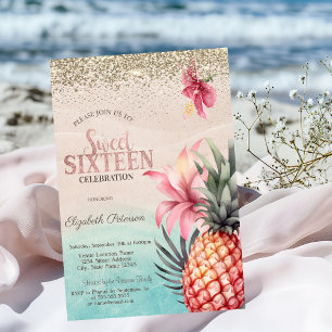 Gold Diamanten, Hibiskus Ananas Beach Sweet 16 Einladung