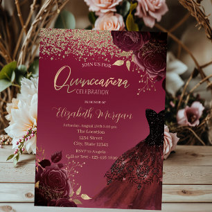 Gold Diamanten, Kleid, Burgunder Rosen Quinceanera Einladung