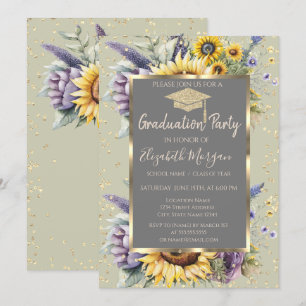Gold Diamanten Sonnenblumen Violette Blumen Abschl Einladung