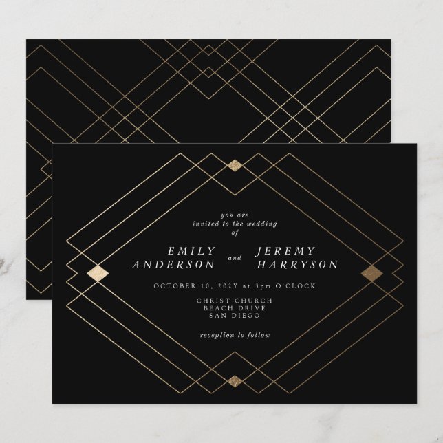 Gold Diamond Black Geometric Deko Gatsby Wedding Einladung (Vorne/Hinten)