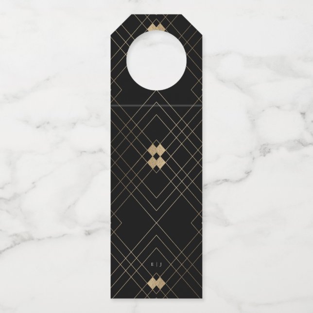 Gold Diamond Black Geometric Deko Gatsby Wedding Flaschenanhänger (Vorderseite)