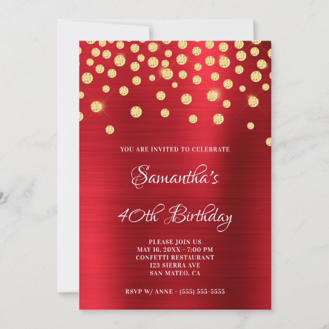 Gold Diamond Confetti Red Foil Satin Ombre Einladung (Vorderseite)