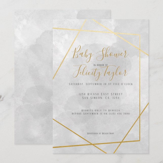 Gold Diamond Geometric Gray Watercolor Kinderdusch Einladung (Vorne/Hinten)