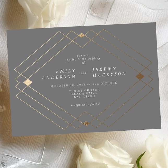 Gold Diamond Gray Geometric Deko Gatsby Wedding Einladung (Von Creator hochgeladen)