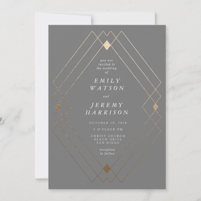 Gold Diamond Gray Geometric Deko Gatsby Wedding Einladung (Vorderseite)