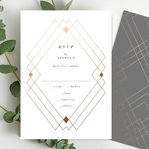 Gold Diamond Gray Geometric Deko Gatsby Wedding RSVP Karte