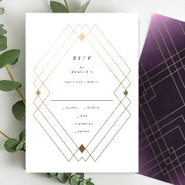 Gold Diamond Lila Geometric Deko Gatsby Wedding RSVP Karte