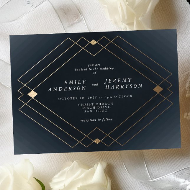 Gold Diamond Navy Geometric Deko Gatsby Wedding Einladung (Von Creator hochgeladen)