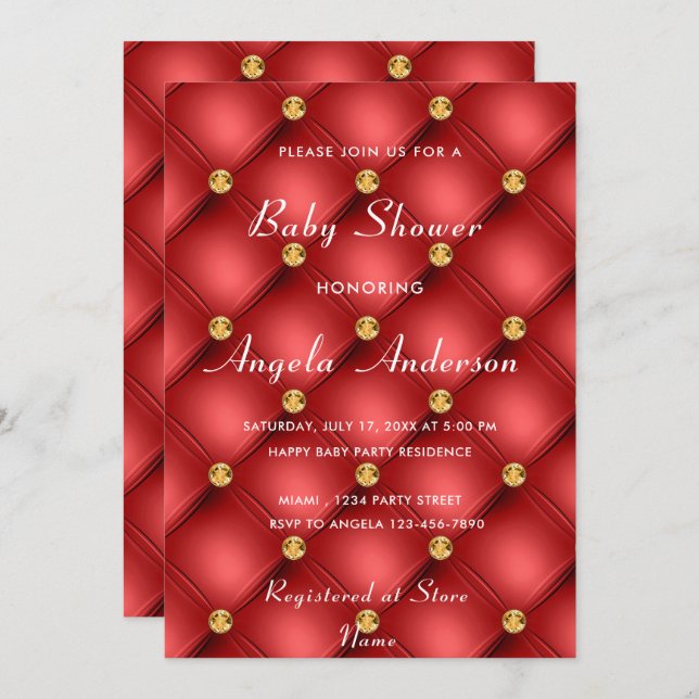 Gold Diamond Tufted Red Baby Boy Dusche Einladung (Vorne/Hinten)