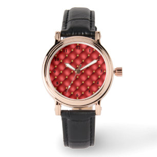 Gold Diamond Tufted Red Leather Watch Armbanduhr