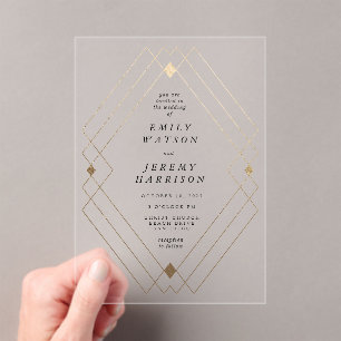 Gold Diamond White Geometric Deko Gatsby Wedding Acryleinladungen