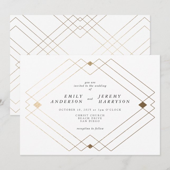 Gold Diamond White Geometric Deko Gatsby Wedding Einladung (Vorne/Hinten)