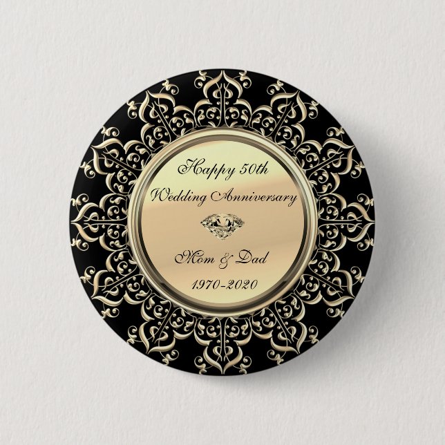 Gold Diamond Wirbel Black 50. Hochzeitstag Button (Vorderseite)