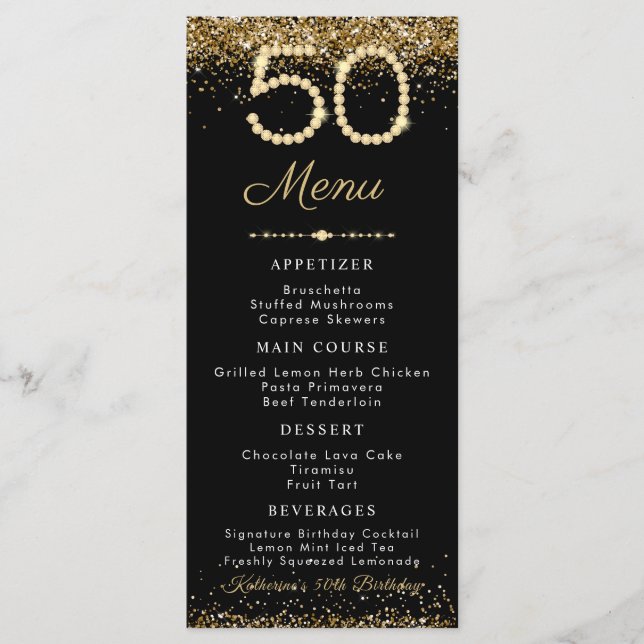 Gold Diamonds 50th Birthday Dinner Flat Menu Menükarte (Vorderseite)